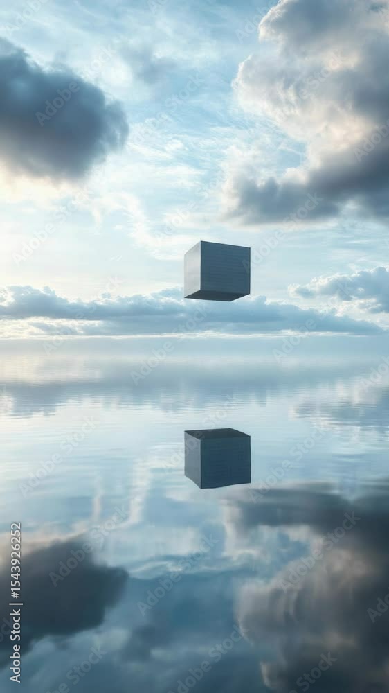 Poster a pair of translucent cubes suspended above the surface of calm water
