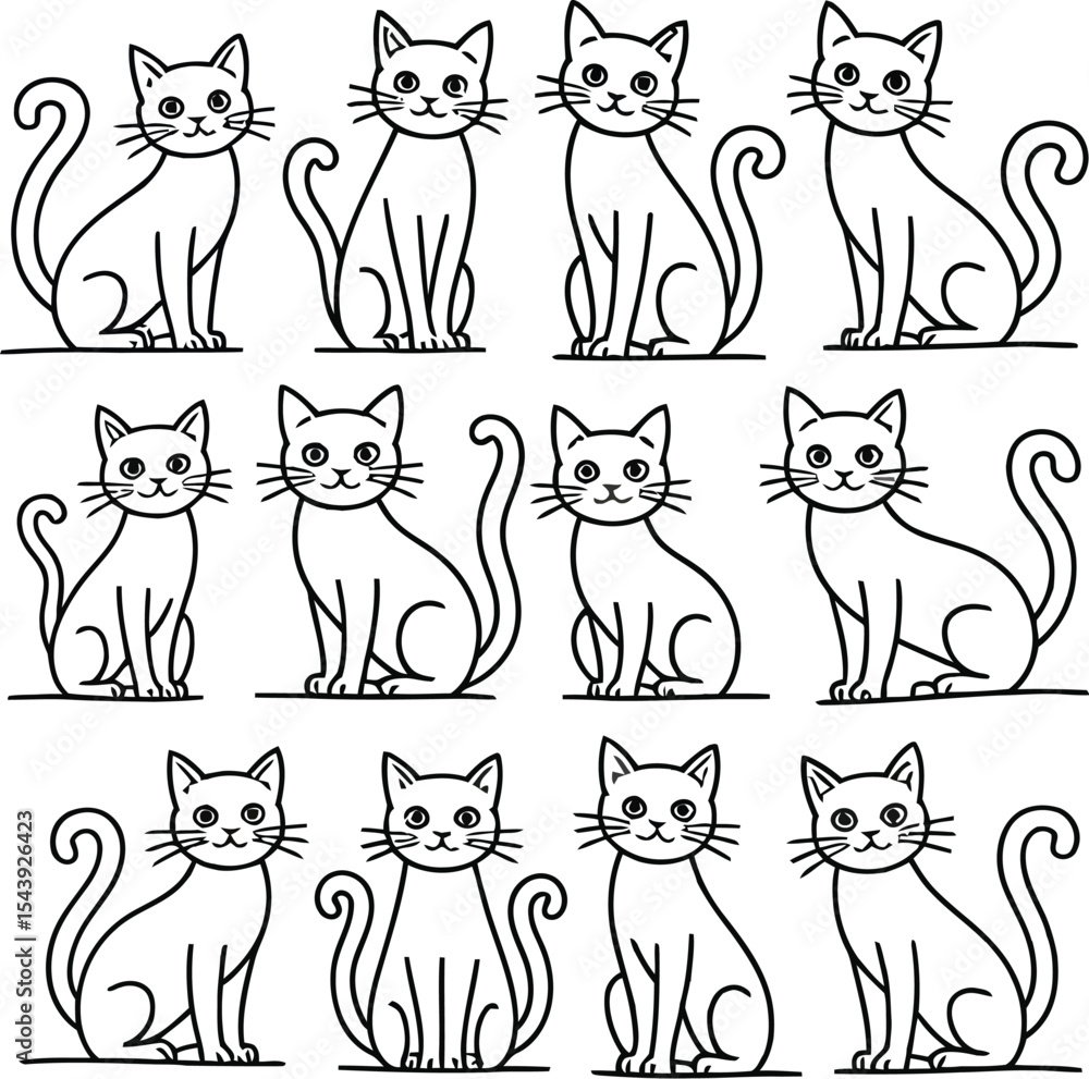 Poster a collection of twelve outlined cartoon cats arranged in a rectangular grid