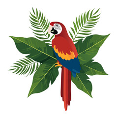 Macaw parrot sitting on a branch with palm leaves color vector illustration. Image of exotic bird on isolated background.