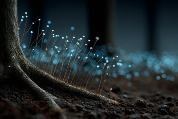 Realistic soil fungi glowing natural bioluminescence near tree roots humid underground environment with micro ecological detail