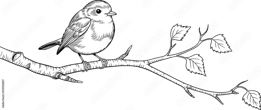 Poster a simple line drawing of a bird perched on a branch with leaves attached