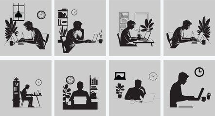 Working from Home Silhouette Scene  Remote Office Desk with Laptop and Cozy Interior