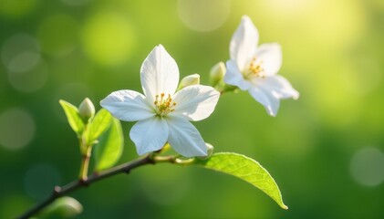 Obraz premium Delicate white jasmine blossoms unfurl in the spring sunlight , floral, clean, pure white