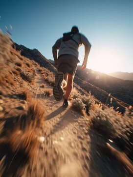 Dynamic motion shot of a man running uphill on a rugged mountain path during golden hour with sunlit scenery