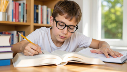 Young boy studying and taking notes from book at home