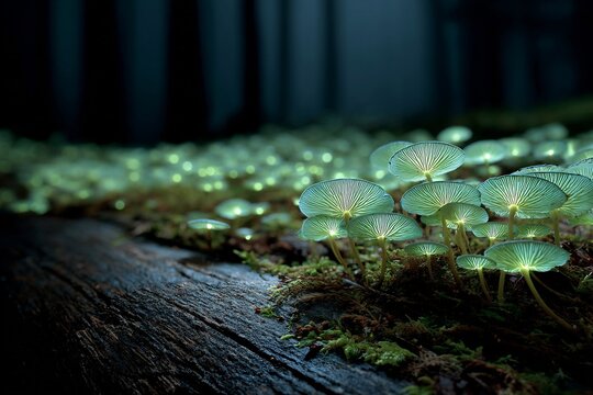 Realistic shot of Panellus stipticus mushrooms glowing a fallen tree stump green bioluminescent light in dense northeastern woodland