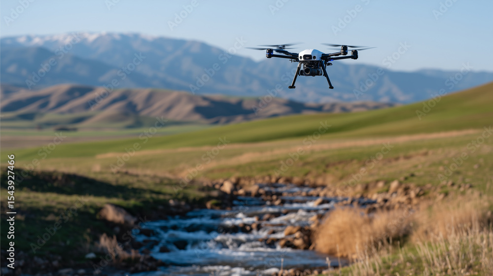 Poster drone capturing high-resolution 3d topographical maps of a hilly farm, aiding in erosion control and