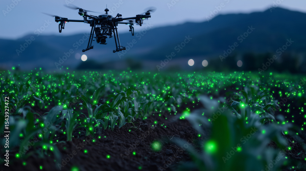 Poster nighttime drone flight over glowing sensor markers on a precision agriculture field, futuristic gree