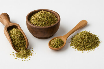 Buckwheat groats in rustic wooden bowl with scoop closeup isolated on white background natural healthy grain