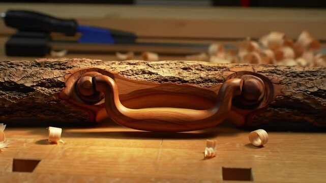 Wood Carving Decorative Handle Displayed On A Rustic Piece Of Wood