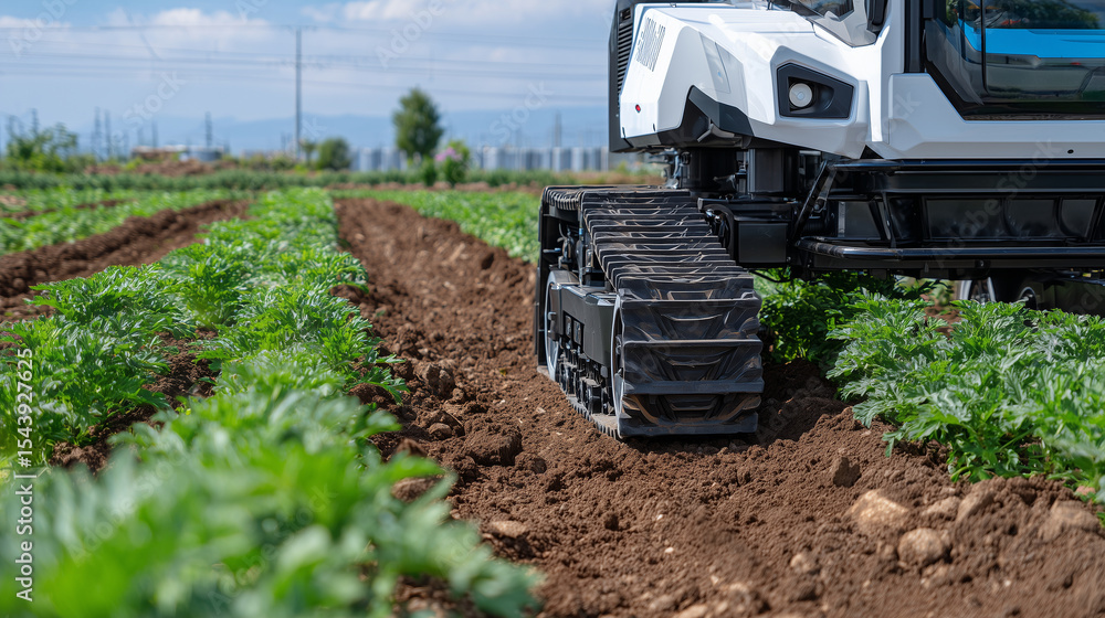 Aufkleber close-up of robotic wheels and tracks on a harvesting machine designed to minimize soil compaction, 