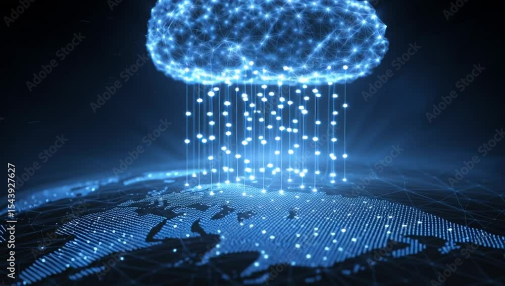 Poster digital technology concept, a blue glowing cloud icon with a network connection on an earth map back
