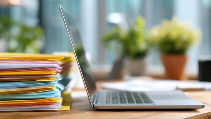 A laptop is on top of a pile of papers