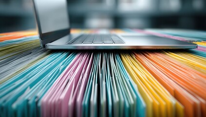 A laptop is on top of a stack of colorful papers