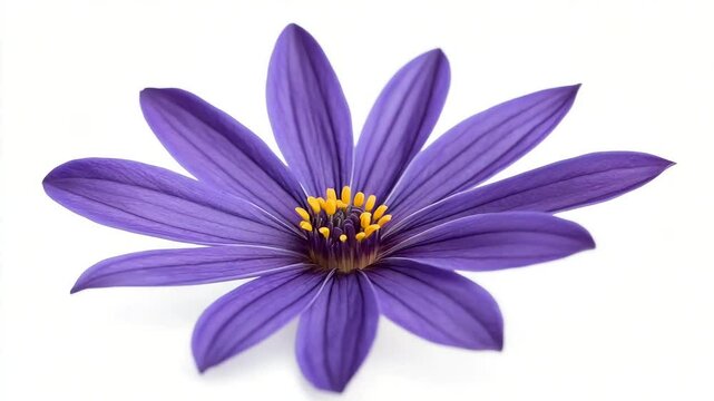 Close-up of a vibrant purple flower with a bright yellow center, isolated on a white background.