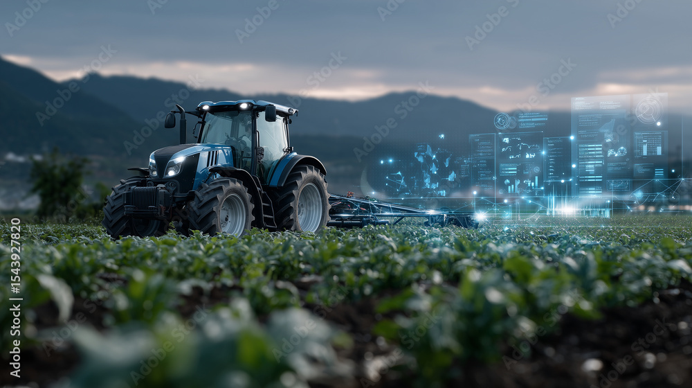 Poster futuristic concept of a fully autonomous farming system with drones, tractors, and harvesters all co