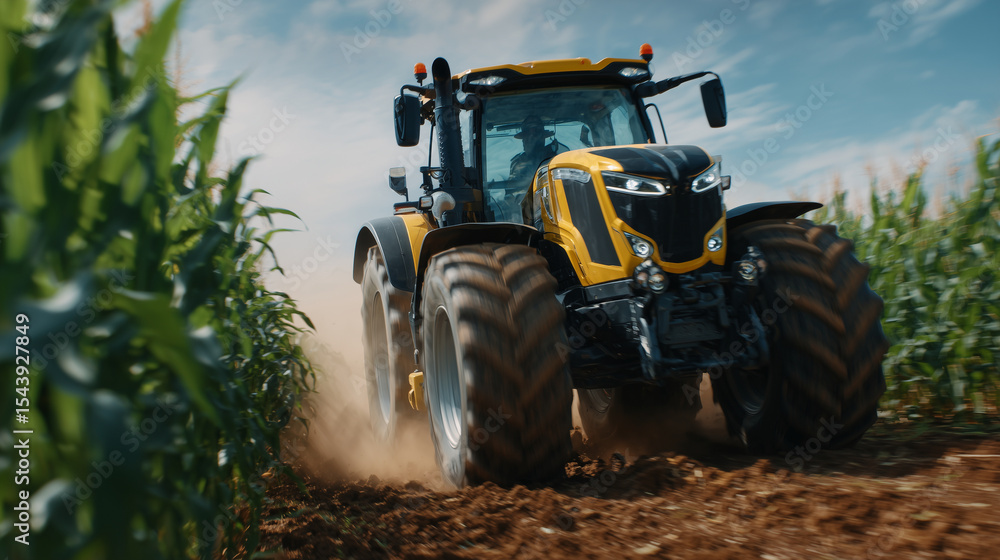 Poster automated tractor navigating a narrow path between tall rows of corn, soil dust kicked up behind the