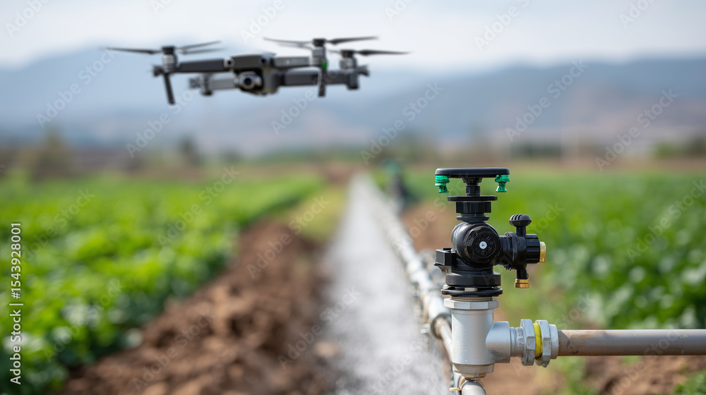 Poster close-up of a smart irrigation valve opening precisely as a drone flies overhead, sending live data 