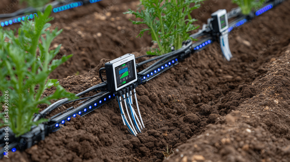 Aufkleber close-up of soil moisture sensors transmitting real-time data wirelessly to a smart irrigation contr
