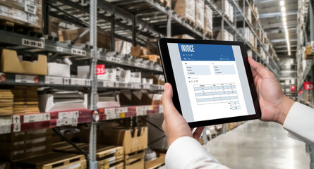 Invoice on computer screen from accounting application. Computer program for financial and budget of corporate business. Snugly.