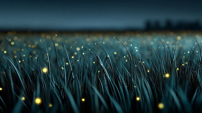 Realistic long exposure image of bioluminescent firefly courtship display pulsed light signal synchronized over open field