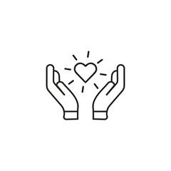 Black isolated outline icon of heart in hands on white background. Line icon of heart and hands. Symbol of care, love, charity.