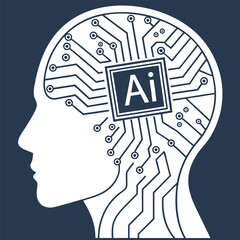 Human Head Outline with Neural Circuit Pattern and AI Chip – Profile View on Dark Blue Background Featuring Intricate Digital Connections and Central “AI” Square – Artificial Intelligence and Brain