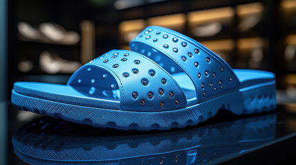 Close-up of a vibrant blue sandal.  