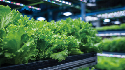 Towering vertical farm racks filled with lush green lettuce and herbs under vibrant LED grow lights, reflecting the futuristic indoor farming environment