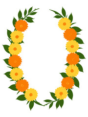 Traditional Indian floral garland with marigold flowers and mango leaves decoration for Indian hindu holidays or wedding 