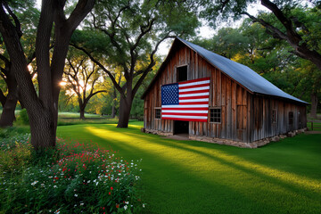 Rustic Barn with American Flag for US Independence Day