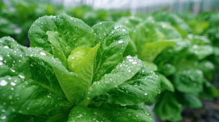 Close-up of water droplets on healthy hydroponic lettuce leaves, reflecting the ambient LED glow and sterile indoor farming conditions