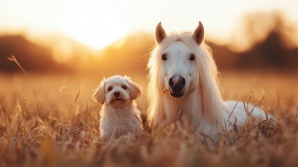 A miniature horse and a small dog sit peacefully together in a golden field at sunset, showcasing the bond between animals and the beauty of nature during tranquil moments.