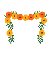 Traditional Indian floral garland with marigold flowers and mango leaves decoration for Indian hindu holidays or wedding 