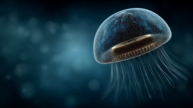 Realistic image of Atolla jellyfish pulsating bioluminescent ring deep sea creature captured in dark marine setting with blue hues