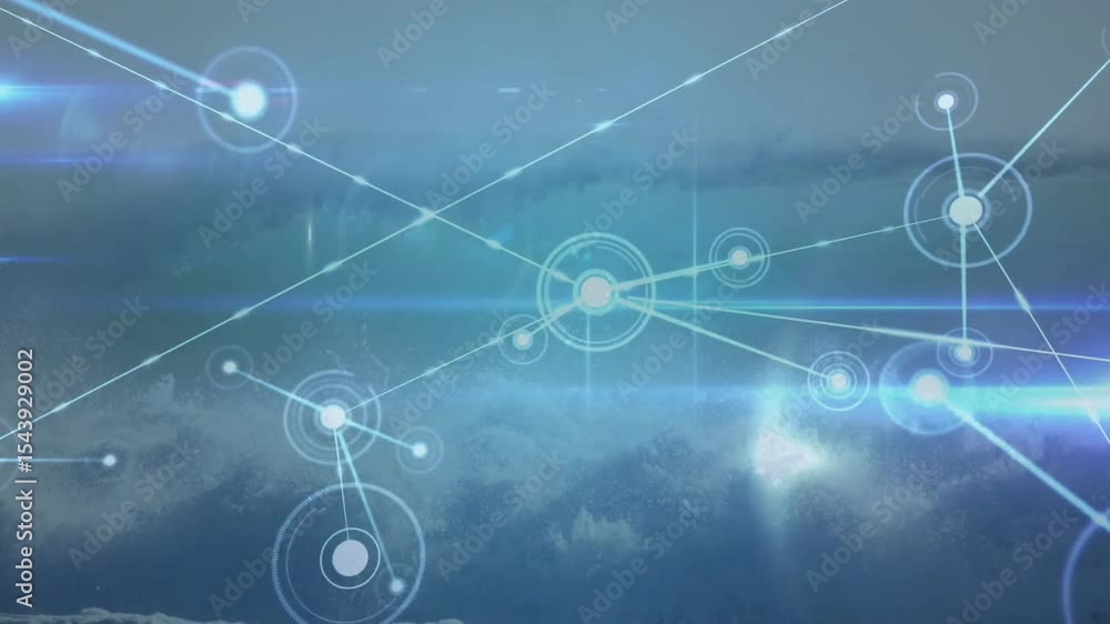 Poster hud fading in initiating nodes appearing and beams linking, growing digital network over clouds