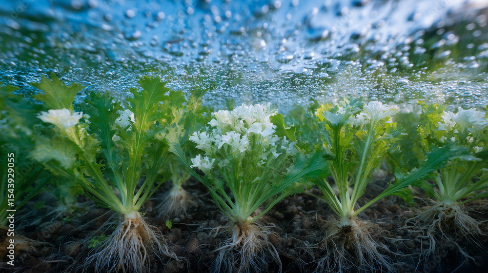 Poster close-up of roots immersed in hydroponic nutrient solution with visible oxygen bubbles, supporting v