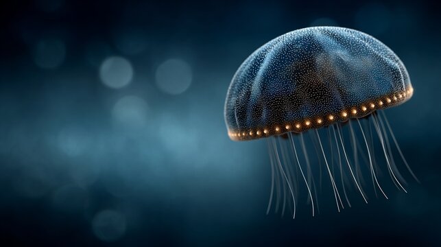 Realistic image of Atolla jellyfish pulsating bioluminescent ring deep sea creature captured in dark marine setting with blue hues