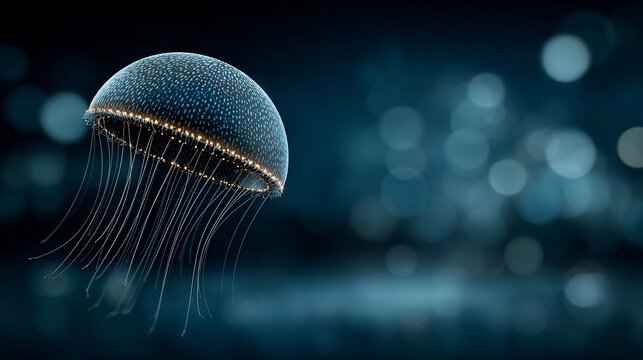 Realistic image of Atolla jellyfish pulsating bioluminescent ring deep sea creature captured in dark marine setting with blue hues