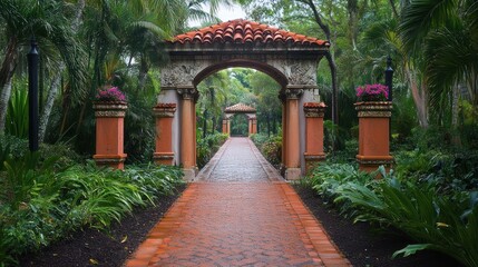 Fototapeta premium Tropical garden path with archway leading to lush greenery
