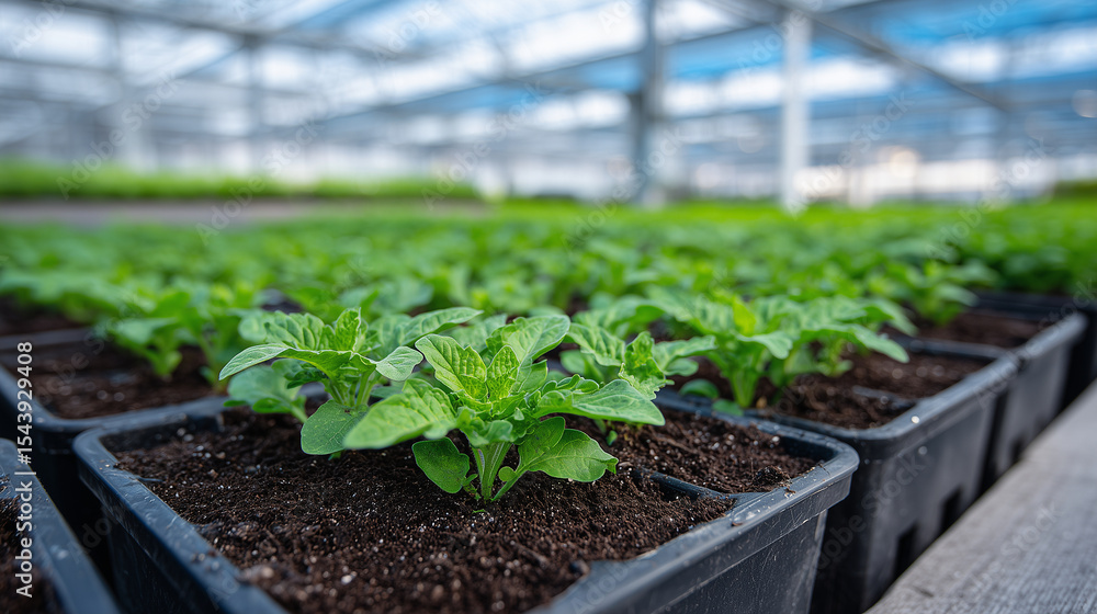 Poster close-up of seedlings in smart trays equipped with microchip sensors for tracking growth stages insi