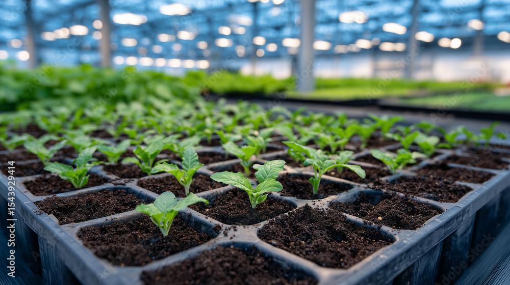 Poster close-up of seedlings in smart trays equipped with microchip sensors for tracking growth stages insi