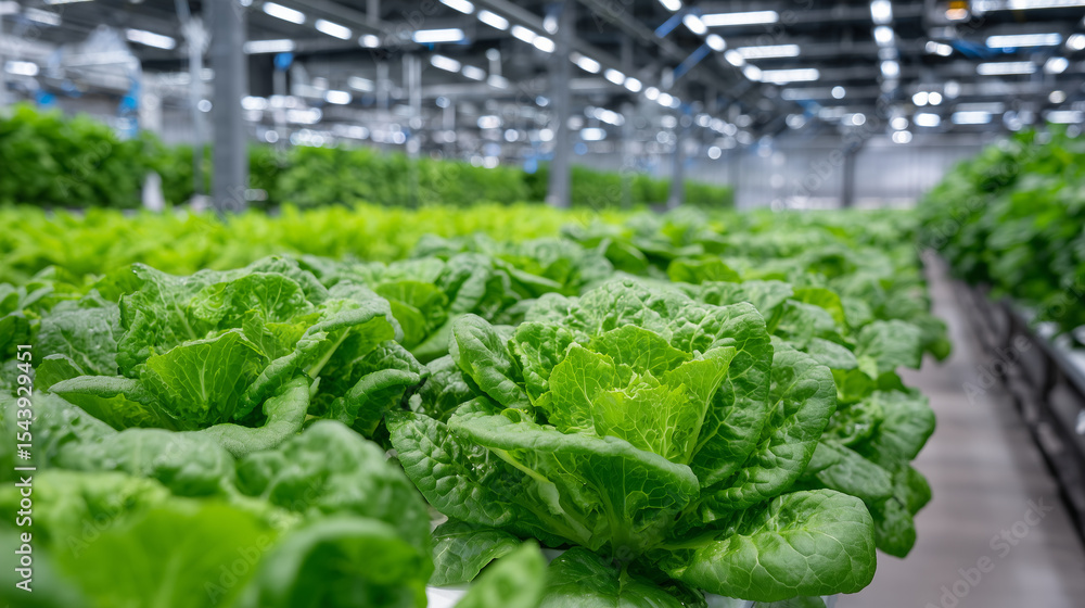 Poster interior of a greenhouse startup showing energy-efficient led lighting arrays illuminating rows of l