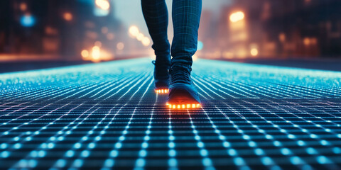 Solitary walker on a high-tech road, glowing grid beneath feet, futuristic leadership concept with dynamic motion blur.