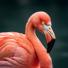 A close-up captures a vibrant pink flamingo with a bright yellow eye and characteristic curved beak, set against a dark, blurred background