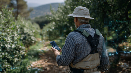 Farmer walking through orchard, AI app on phone highlighting areas needing attention with augmented reality overlays on trees and leaves