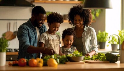 Family cooking together. A family with two children happily cooks in the kitchen.
