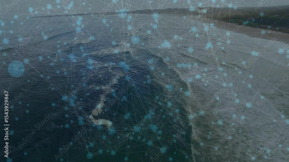 Poster mesh appearing, network overlay growing over coast, nodes pulsing data along lines, then dissolving