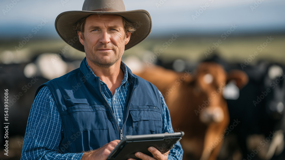 Poster farmer in eco-friendly pasture monitoring cattle with a tablet showing real-time health data and gra