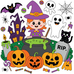 Cute Halloween Cartoon Illustration – Witch, Pumpkins, Ghosts, Black Cat & Haunted House
